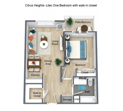 Floor plan for 1 bed, 1 bath, 515 sqft